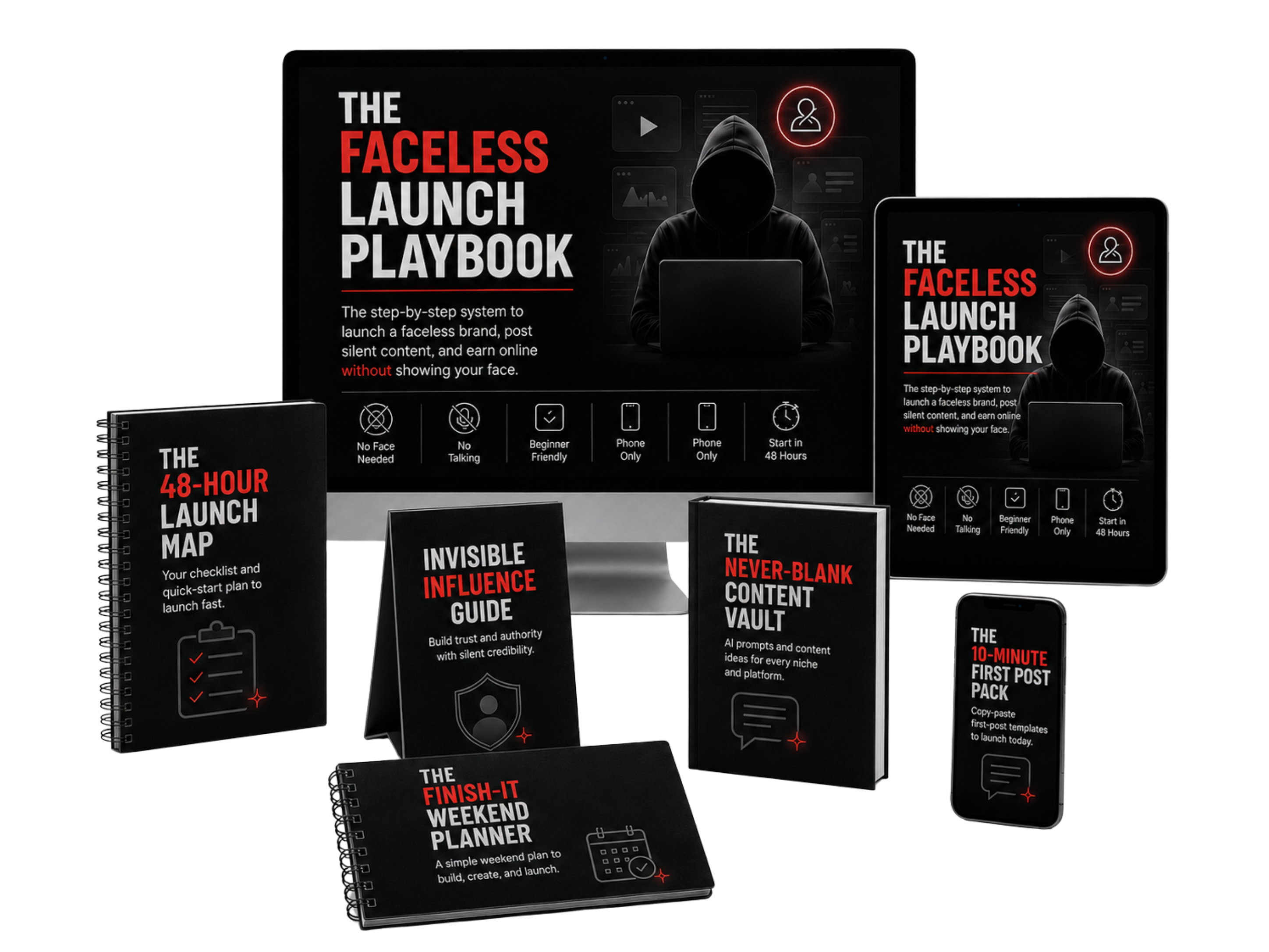 The Faceless Launch Playbook plus 5 free bonuses: The 48-Hour Launch Map, the Invisible Influence Guide, The Never-Blank Content Vault, The Finish-It Weekend Planner, and The 10-Minute First Post Pack.