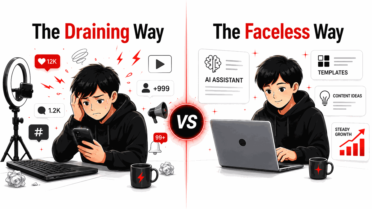 The Draining Way versus The Faceless Way: burning out chasing views and follower counts on camera, against working quietly on a laptop with an AI assistant, templates and content ideas driving steady growth.